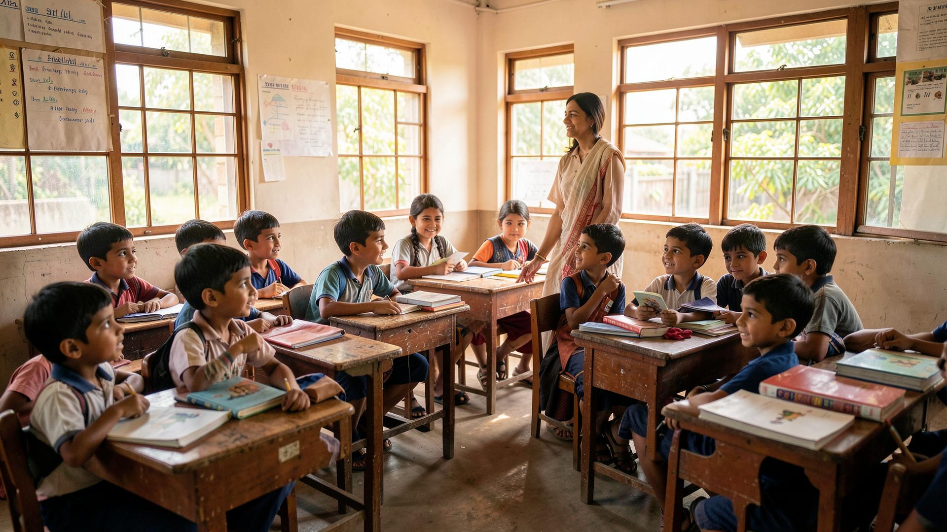 A teacher guiding attentive students inside a bright classroom